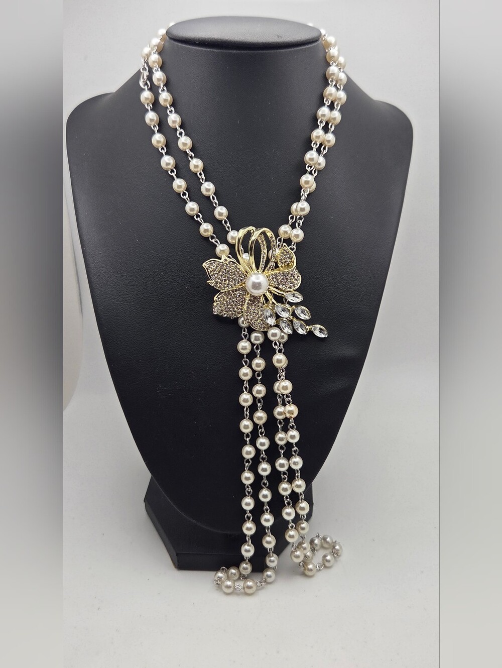 Pearl Tassel Necklace with Gold Floral Accent Brooch